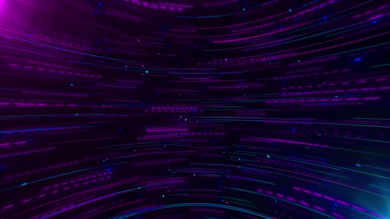Magenta cyber speed tunnel visual with curved light trails blue accents moving particle dots and
