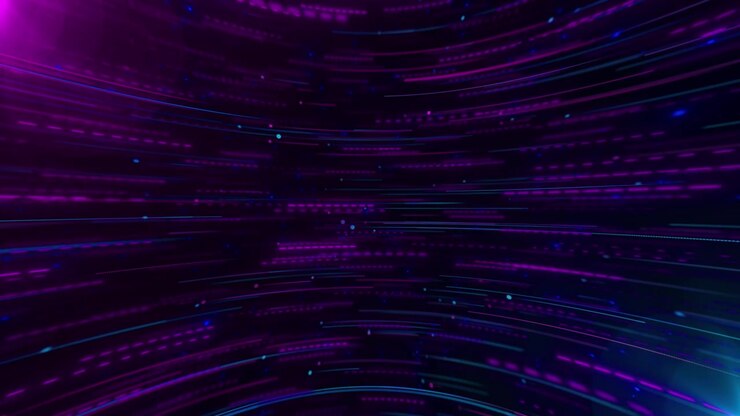 Magenta cyber speed tunnel visual with curved light trails blue accents moving particle dots and