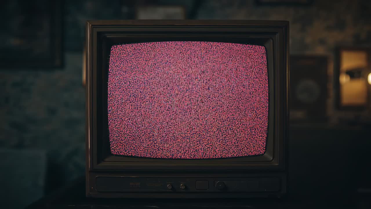 Statico rosa iniziale, televisore CRT vintage con tonalità profonde pulsanti in un soggiorno retrò, con lampada accesa