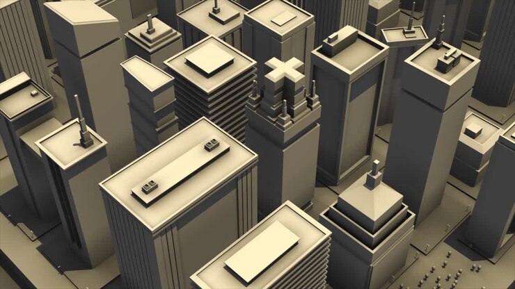 Uma renderização 3D de uma paisagem urbana moderna com edifícios altos e formas geométricas abstratas