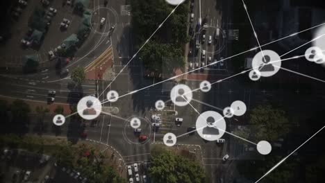 animation of network of connections with icons over road traffic