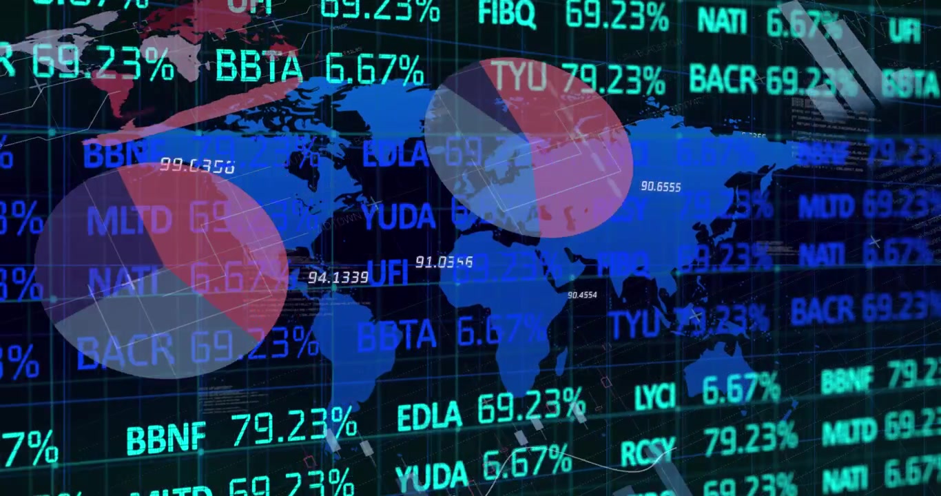 Animation of graphs, financial data and world map on black digital screen