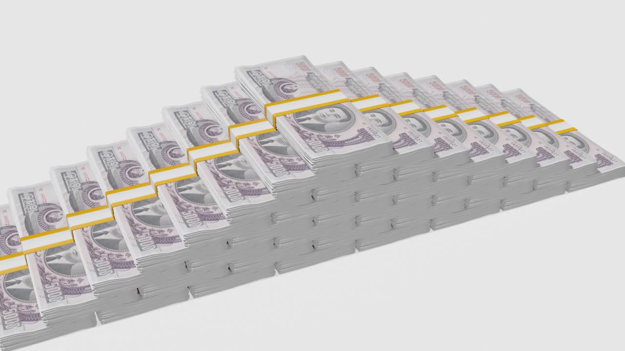 Many wads of money. 5000 South Korean Won banknotes. Stacks of money.