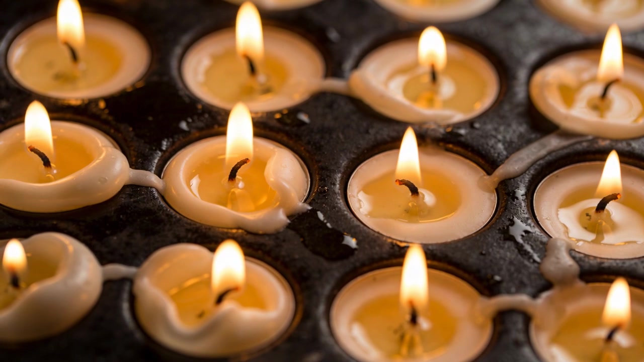 Cera che si scioglie da fiamme costanti, con candele tealight che formano sottili ponti di cera in un portacandele scuro.