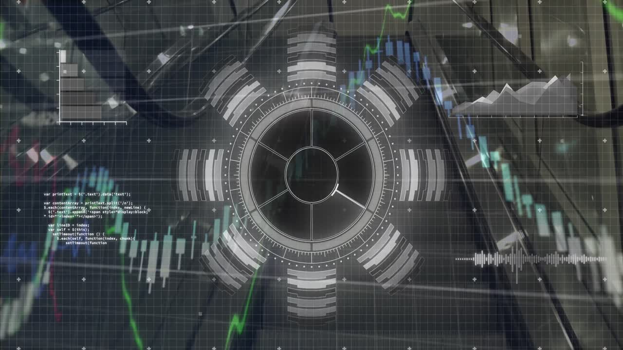 animación de escáner redondo y procesamiento de datos financieros contra la escalera mecánica