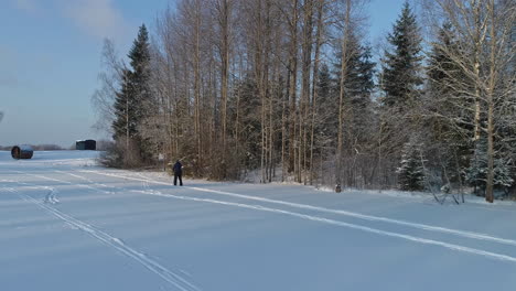 drone tracking shot of person cross-country skiing on white winter landscape in forest