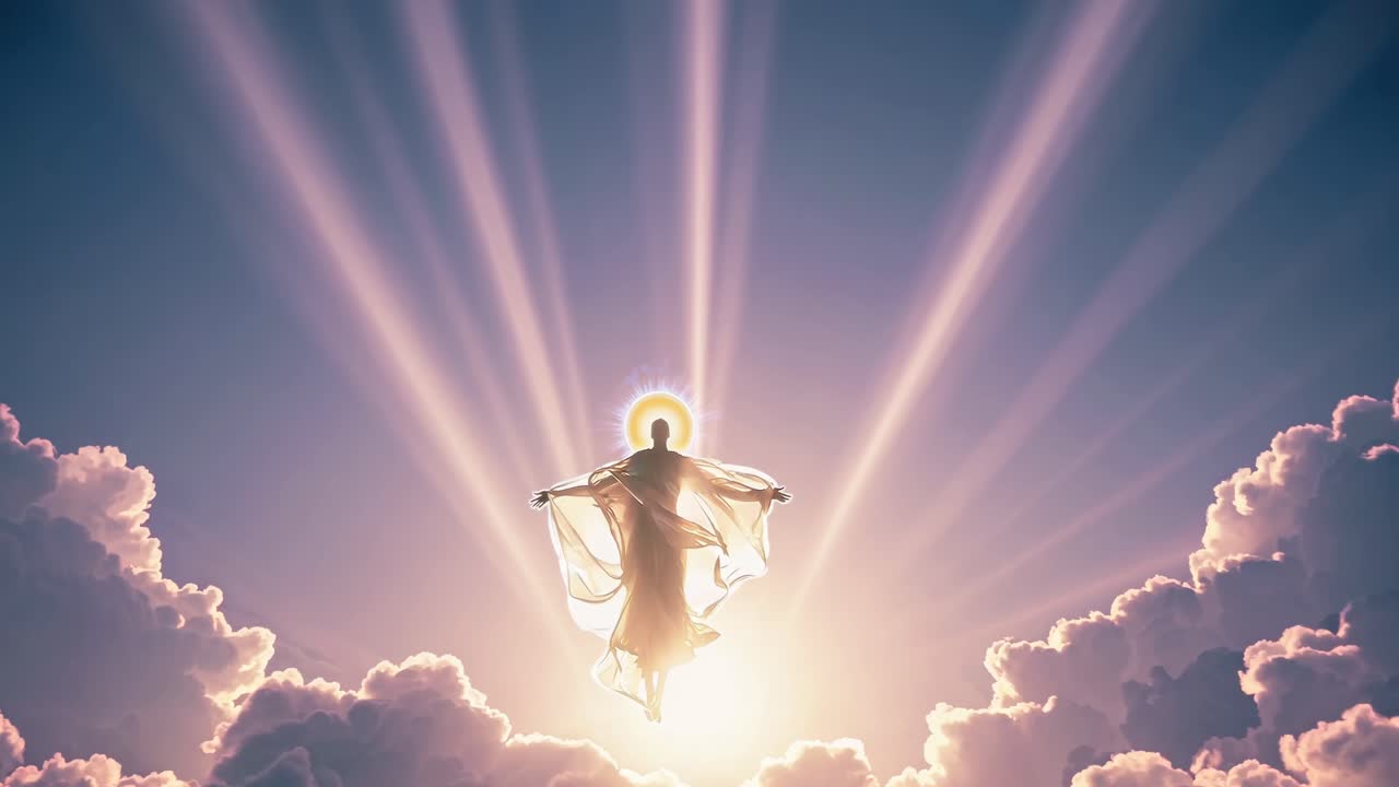 A divine figure ascends amidst radiant clouds, captured from a low-angle, creating a heavenly video