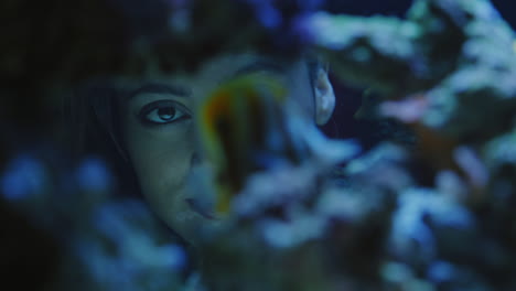 woman looking at colorful fish in aquarium tank watching colorful sea life swimming in corel reef observing marine ecosystem