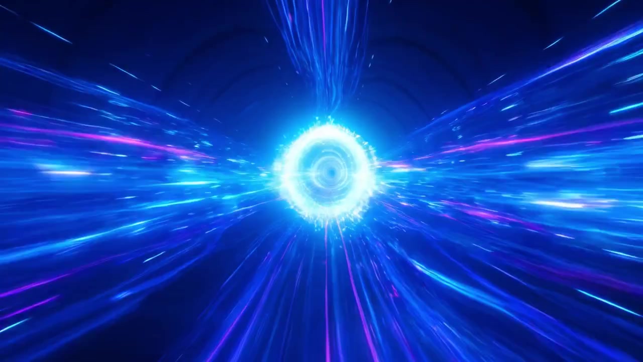 Volo attraverso un tunnel futuristico di luci al neon blu e viola