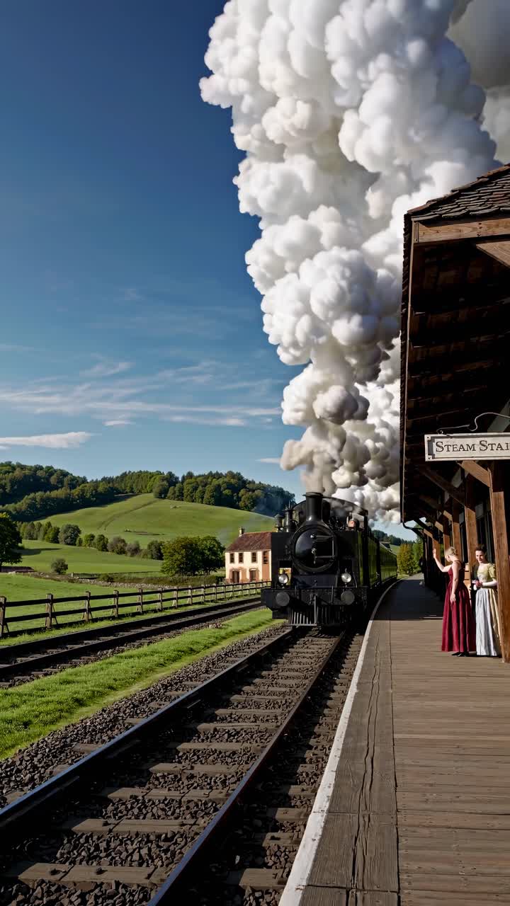 A vintage steam train approaches a rural station, captured from a low-angle shot