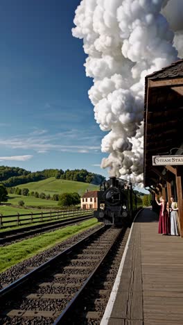 a vintage steam train approaches a rural station, captured from a low-angle shot