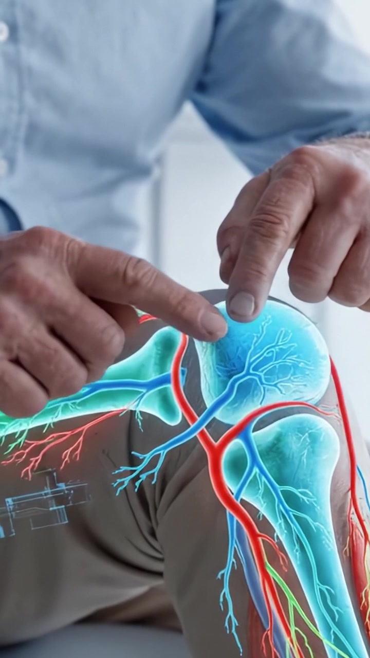 Representação Ilustrativa do Tratamento da Dor no Joelho: Foco na Saúde Articular e Suporte Vascular para Melhor Mobilidade e Bem-Estar