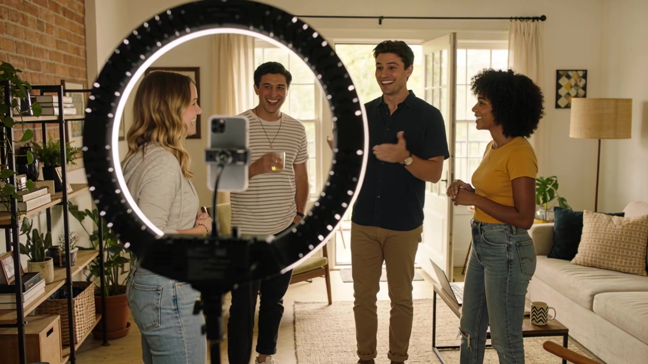 Smartphone starting recording, four friends rehearsing on-camera bit in living room with ring light