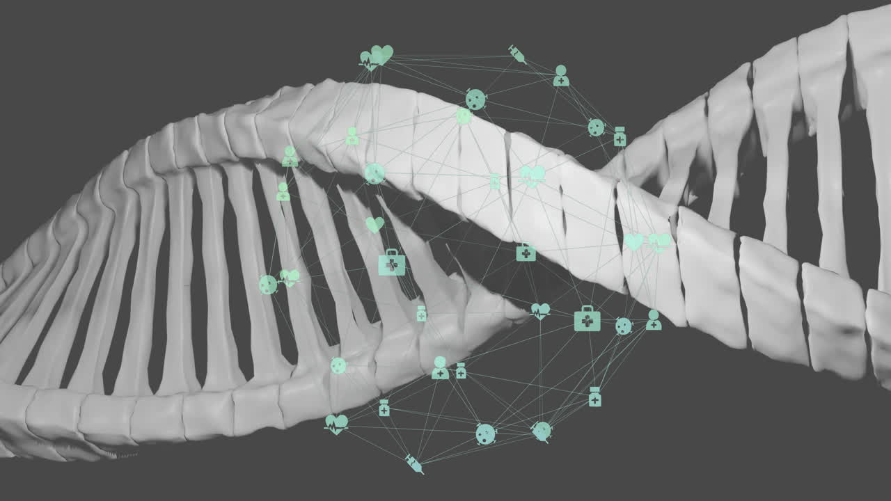 Animation showing DNA strand with social media icons and network connections