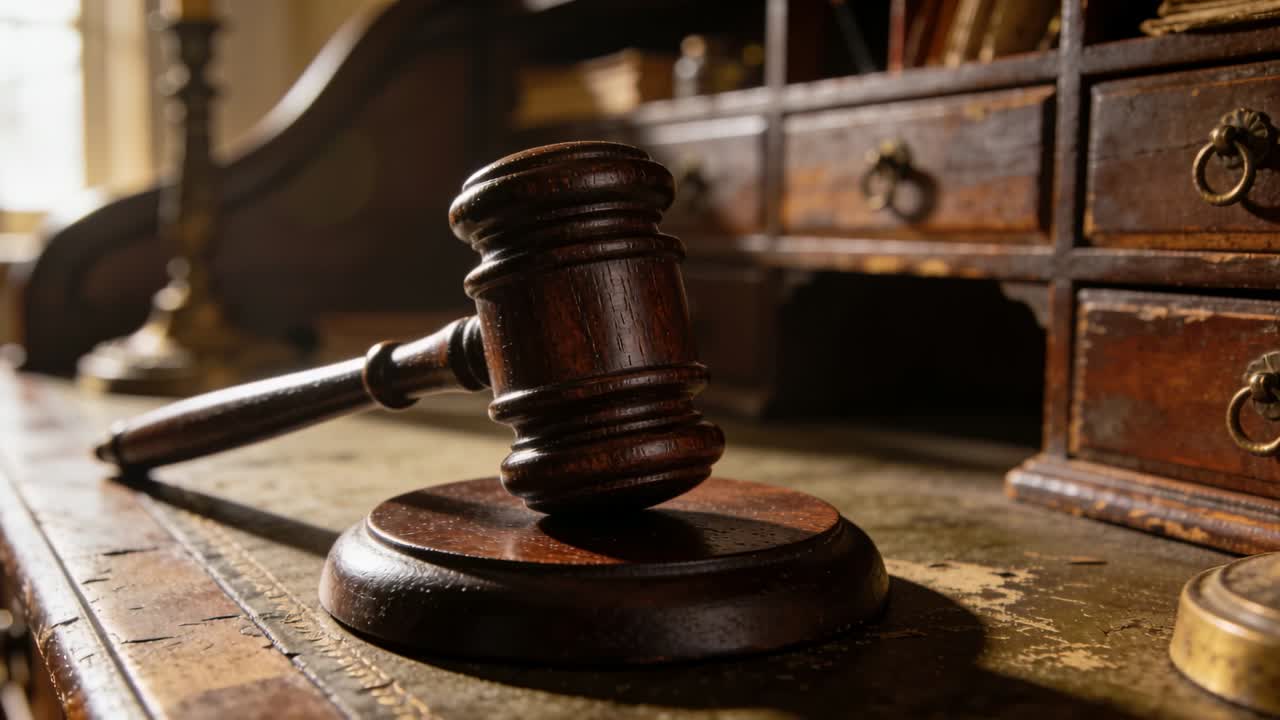 Moving camera revealing wooden judge's gavel on antique desk, emphasizing sound block