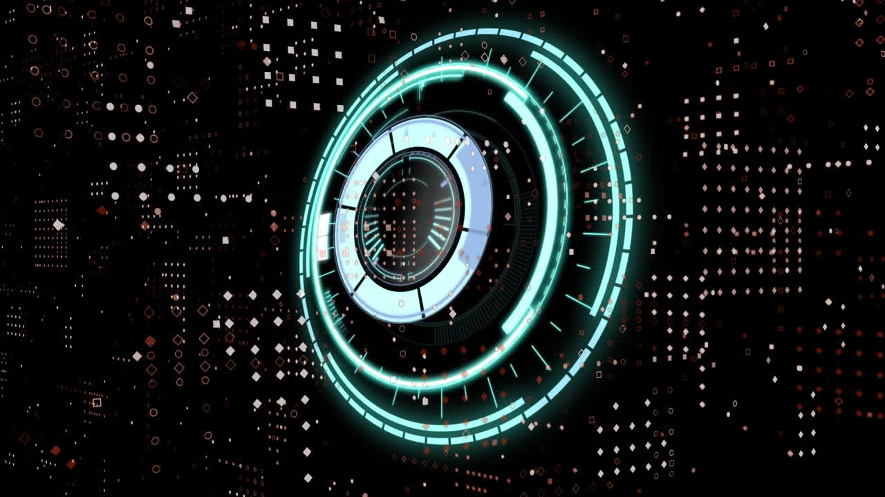 animación digital del escáner redondo de neón contra el diseño del patrón de puntos sobre fondo negro