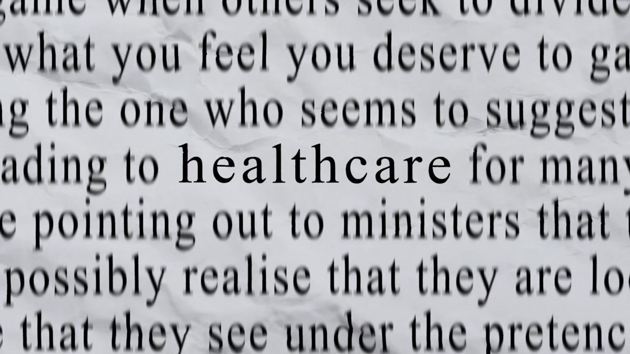 HEALTHCARE Text in Centre with High-energy Fast Text Stop-Motion Writing Cycling Rapidly on Crinkled Texture Paper. Newspaper Cuttings Style animation. 4K.