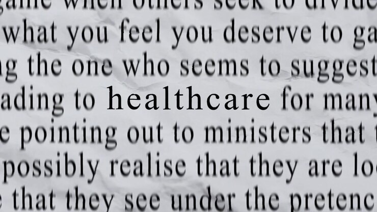 HEALTHCARE Text in Centre with High-energy Fast Text Stop-Motion Writing Cycling Rapidly on Crinkled Texture Paper. Newspaper Cuttings Style animation. 4K.
