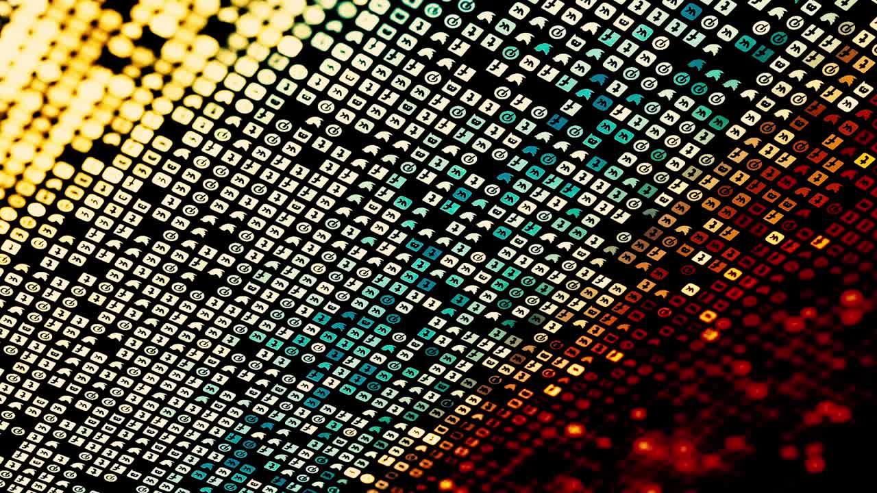 solo uso editorial. muchos logotipos diferentes de redes sociales que fluyen en fondo negro, bucle sin costuras. animación. iconos de medios abstractos, celdas con efecto de gradiente