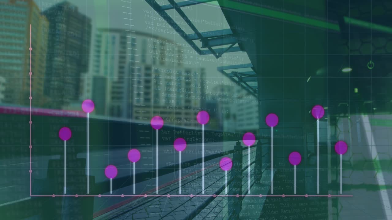 Animation du traitement des données financières sur un paysage urbain
