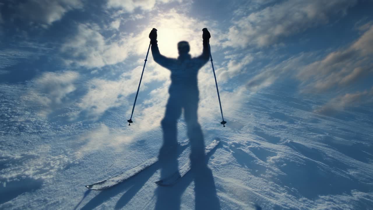 A solitary skier gracefully navigates the pristine snow, surrounded by drifting clouds and illuminated by the golden light of the sun in a breathtaking winter landscape