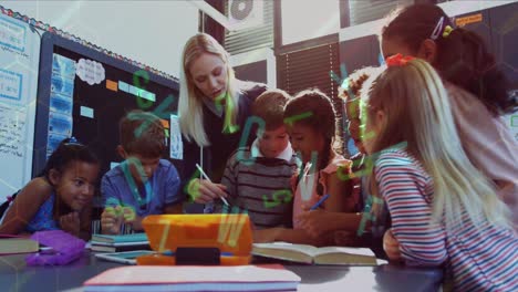 Animation-of-letters-moving-over-teacher-and-happy-school-children-in-classroom