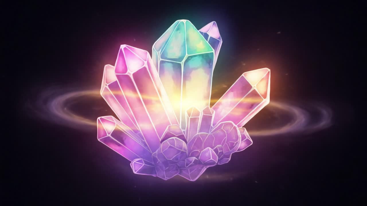 A Stunning Display of Colorful Crystals Radiating Ethereal Light Against a Cosmic Background, Featuring Various Shapes and Textures in a Mystical Atmosphere