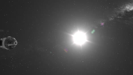 cápsula de orion artemis moviéndose lentamente más allá de la cámara con bengala solar y fondo de galaxia de vía láctea - animación 3d cgi 4k