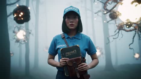 a mysterious journey: a young woman in an enigmatic forest holds a book as eerie lights float around her, evoking a sense of wonder and intrigue