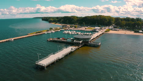 aerial shot of beautiful pier in puck with clear blue water bay