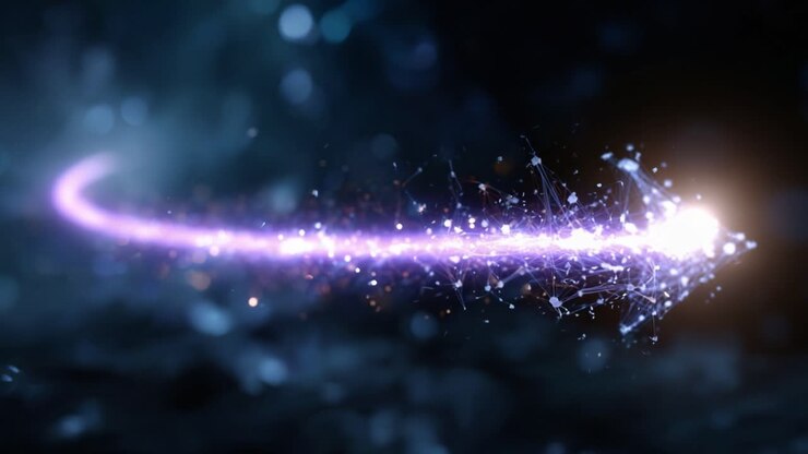 A mesmerizing, abstract representation of a brightly glowing arrow crafted from particles, illustrating motion and energy through a dynamic digital art composition