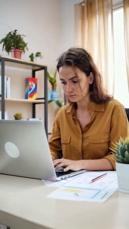 mujer trabajando en una computadora portátil en la oficina del hogar