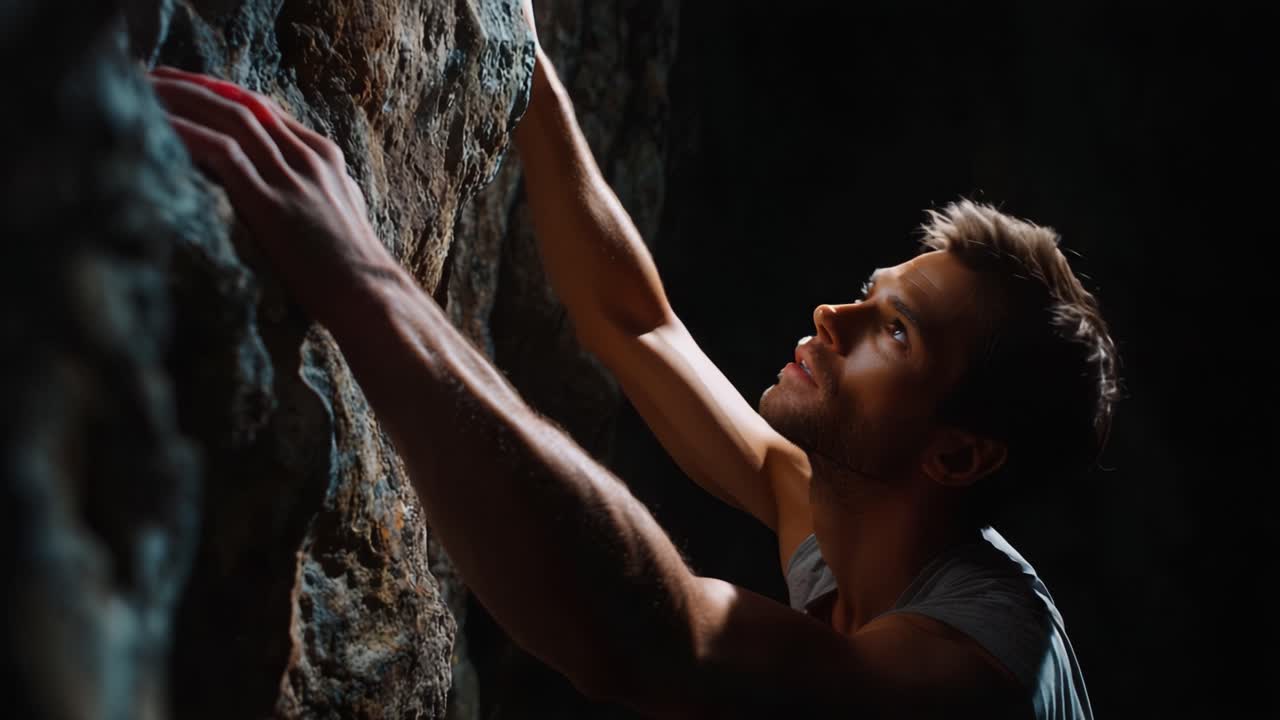 Um alpinista determinado escalando uma rocha íngreme, demonstrando a perseverança e o foco necessários para escalar em um ambiente com pouca luz