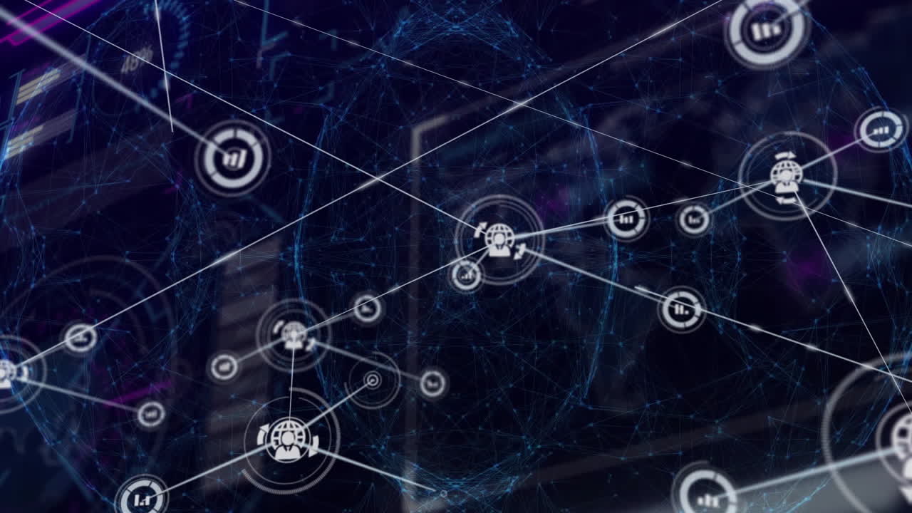 Network of connections and data processing animation over digital globe