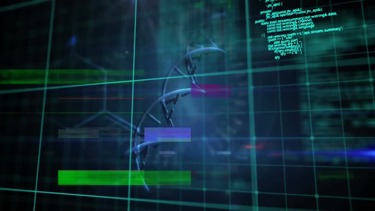 Animation of interference and computer circuit board over data processing and dna strand