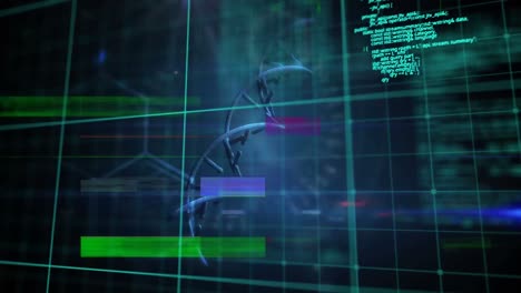 animación de interferencia y placa de circuitos informáticos sobre el procesamiento de datos y la cadena de adn