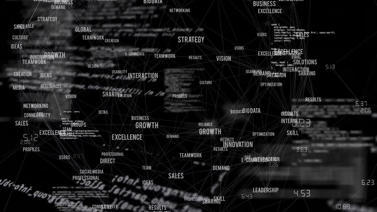Animation of data processing and business texts on black background