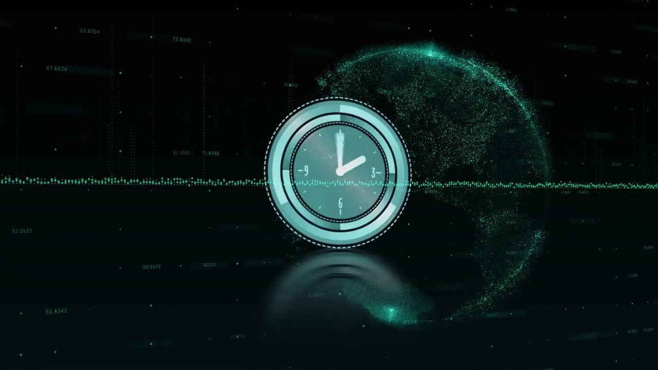 Animation of clock with turning hands over globe with network of connections on black background