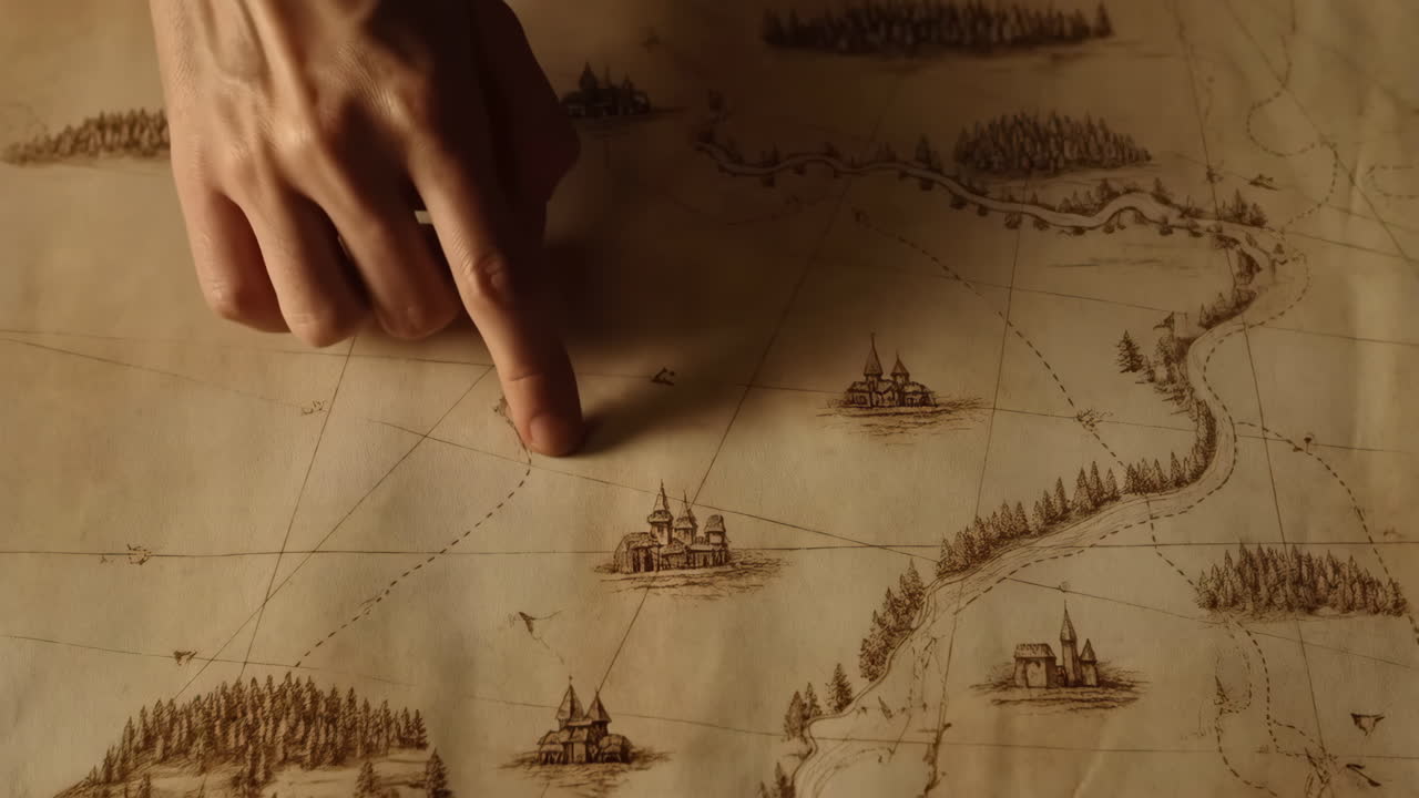 Hand Pointing on an Old Fantasy Map