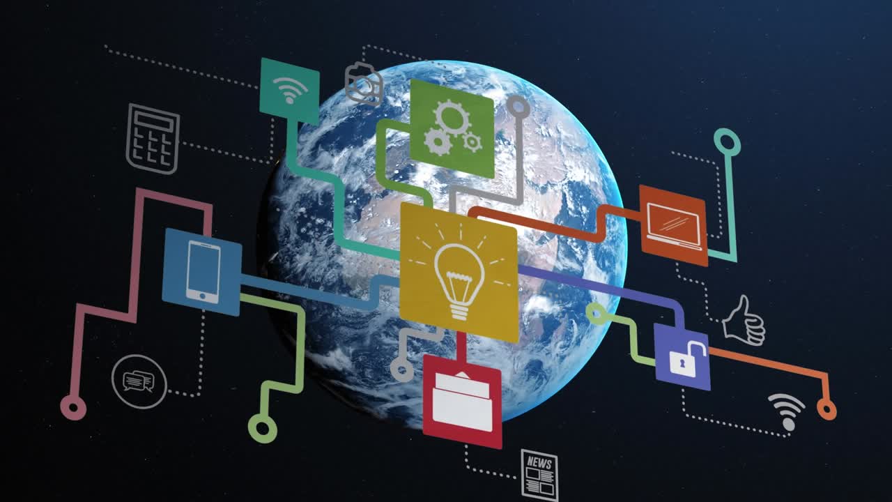 Animation of flow chart with multicolored icons over rotating globe on black background