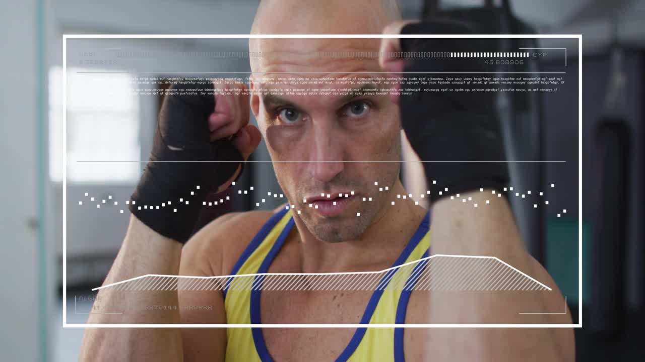 Man raising hands and adjusting wrist wraps for sparring in gym, HUD animating graphs stabilizing