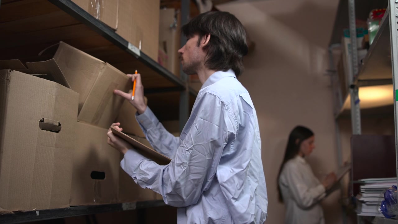 A young man stands in a storage aisle beside metal shelving, checking and arranging cardboard boxes under soft indoor lighting with stacked supplies