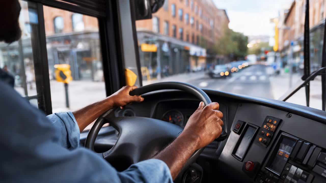 A Bus Driver Navigating Through Urban Streets: Capturing the Experience of Driving in a City with Hands on the Wheel, Focusing on the Surroundings and the Journey Ahead in a Fast-Paced Environment