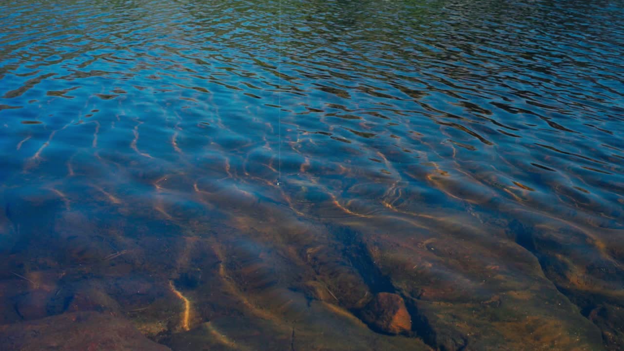 la captura de peces en un lago claro con una cuerda de pesca