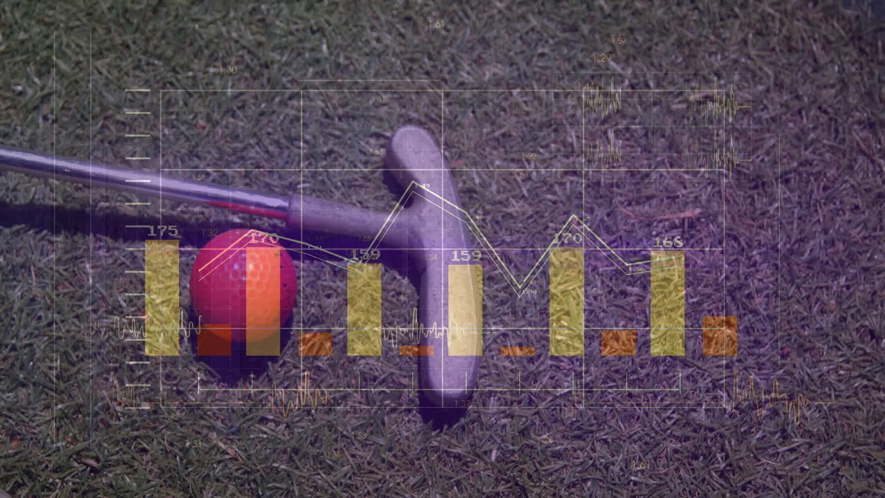 Metallic croquet mallet lying diagonally on green grass while data charts animating around red ball