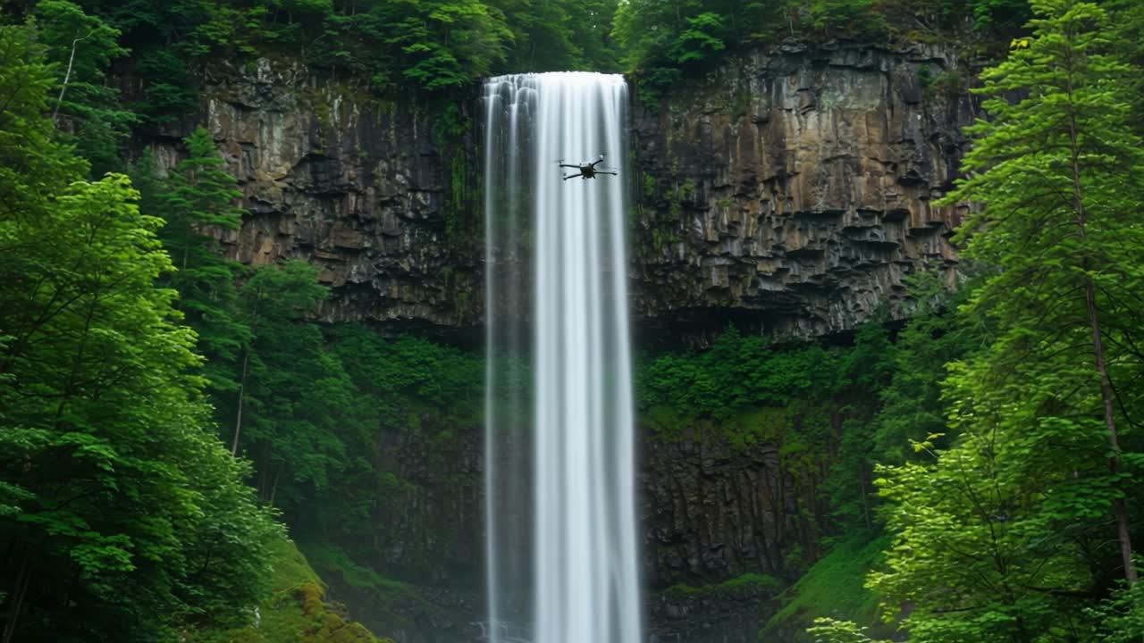 Captivating Aerial View of a Majestic Waterfall Surrounded by Lush Green Forests, Showcasing the Beauty of Nature and the Power of Water with a Drone Capturing the Scene