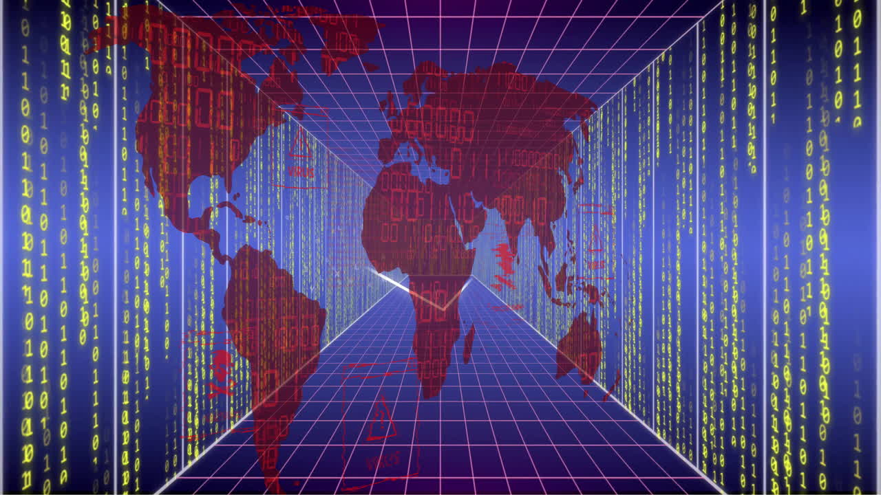 animación de mapas del mundo, codificación binaria y procesamiento de datos a través de servidores informáticos