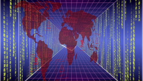 Animation-Der-Weltkarte,-Binärkodierung-Und-Datenverarbeitung-über-Computerserver