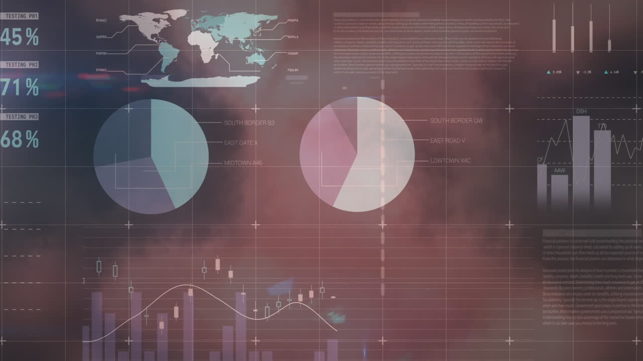 video compuesto del procesamiento de datos estadísticos contra nubes en el cielo azul