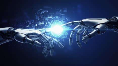 a captivating visual of two robotic hands reaching out and connecting, symbolizing the convergence of technology and creativity in a digital era filled with potential and innovation